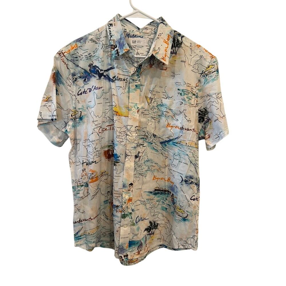 Gap Men L Vintage Map Print Hawaiian Camp Button Down Shirt